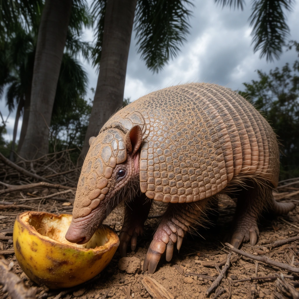 large dusty armadillo foraging on dry earth, snout investigating a hollow yellow fruit rind, rough scaly brown armor covered in dirt and coarse hairs, low angle close-up, wide-angle perspective, ground scattered with dead twigs, tall thick palm tree trunks, overcast cloudy sky, natural earthy tones, highly detailed