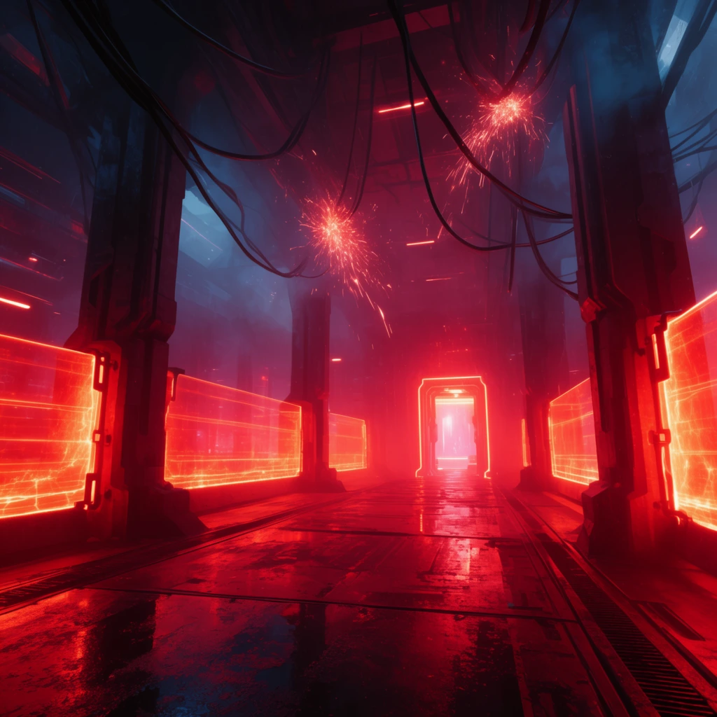 A futuristic industrial corridor illuminated by intense neon red and orange light. Heavy structural pillars secure glowing energy barriers along the walls. The dark, wet metallic floor reflects the crimson illumination. Loose cables hang from the ceiling, emitting bright sparks into hazy air. A brilliantly lit gateway terminates the hallway, with cinematic volumetric lighting highlighting cool blue shadows in the atmospheric cyberpunk environment.