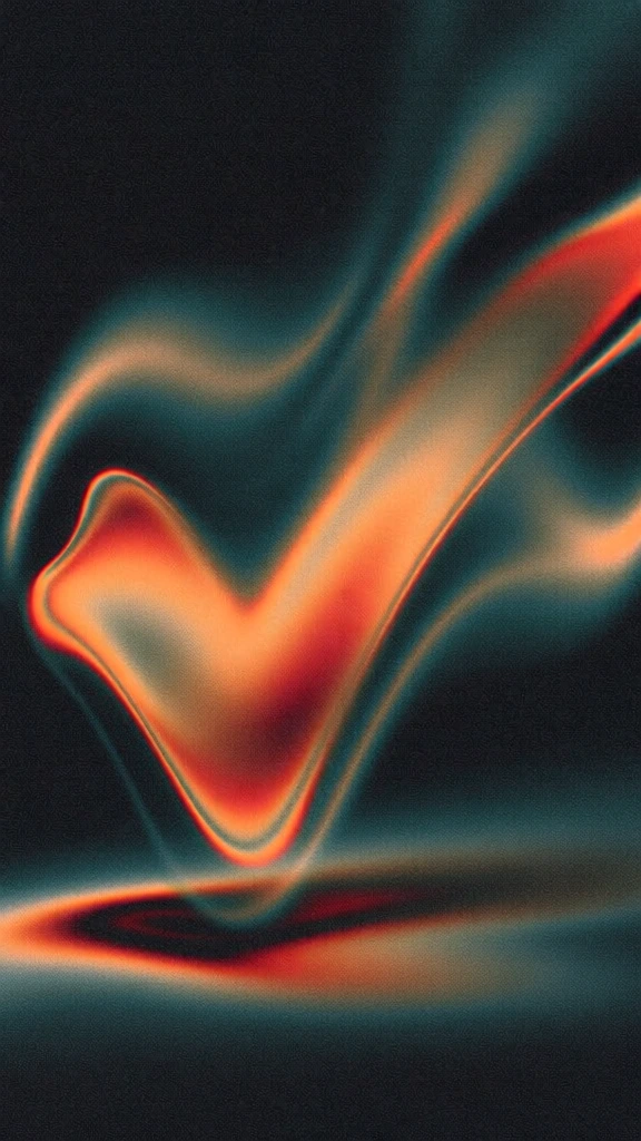 a single large checkmark rendered as a fluidic stroke of glowing cadmium orange and vermilion, heavily diffused edges with internal luminescence, surrounded by ethereal wispy vapor trails of light, hovering over a soft pool of shadow on a dark charcoal surface, intense analog film grain, high-iso noise, stippled texture, chromatic aberration on the periphery, deep teal and inky black background, liquid motion, soft focus, dreamlike ethereal atmosphere