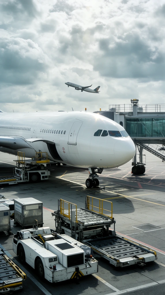 A large white commercial airliner parked at an airport gate under a dramatic cloudy sky. The sleek, smooth fuselage of the passenger plane dominates the midground, positioned next to a glass-paneled boarding bridge extending from a terminal. The foreground is heavily textured with industrial ground support equipment, including motorized white tugs, metal baggage containers, and mechanical loading platforms with yellow safety rails resting on the concrete tarmac. Sunlight glints softly off the curved nose of the aircraft, creating a bright reflection. In the distant background, a smaller airplane ascends sharply into the overcast, highly detailed clouds. The cool, slightly desaturated lighting casts soft shadows across the painted runway lines, capturing the complex, layered depth of the bustling aviation hub.