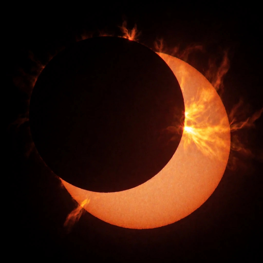 partial solar eclipse, pitch-black circle obscuring a fiery orange sun, glowing plasma crescent, bright yellow solar flares, granular texture, deep black background, telescopic astrophotography