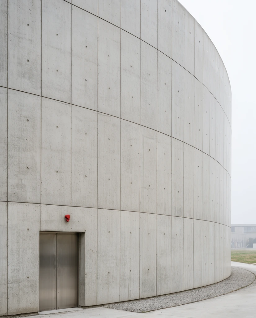 A curved minimalist concrete building facade dominates an overcast scene. The massive pale gray structure features large rectangular panels marked by sharp vertical seams and circular formwork holes. At ground level, recessed metallic double doors sit beneath a small red fixture. The curving base borders a concrete path and gravel strip, sweeping rightward to reveal a hazy background of faint grass and distant architecture. The tight architectural framing emphasizes monumental scale, clean geometric lines, and raw material textures.