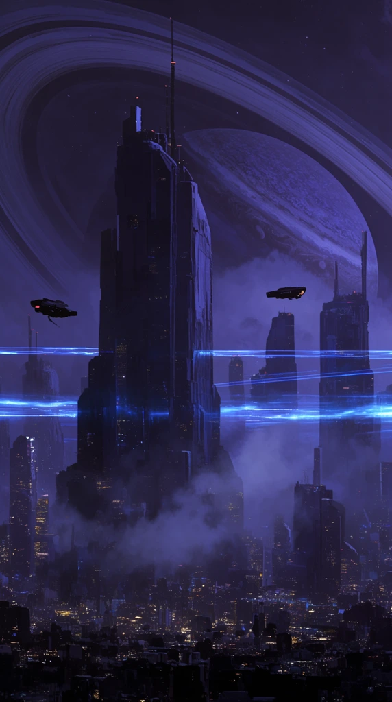 towering monolithic skyscrapers in a futuristic sci-fi cityscape at night, massive ringed planet looming in a dark purple sky, silhouetted flying vehicles, horizontal glowing blue energy beams, thick atmospheric fog rolling through urban canyons, scattered golden city lights below, epic cyberpunk concept art, dramatic scale, deep indigo palette