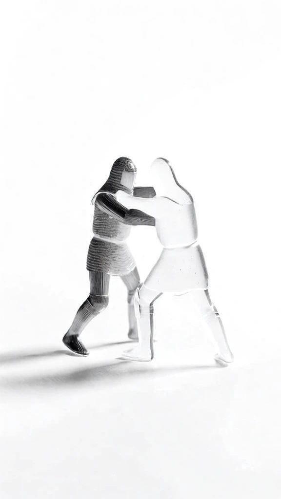 minimalist black and white studio photography, two medieval knights in chainmail locked in close-quarters combat, isolated on a stark high-key white surface, soft directional lighting from the left, subtle elongated shadows, high contrast monochromatic palette, sculptural and clean composition, focus on intricate metallic texture and interlocking rings, sharp silhouettes, minimalist aesthetic, sharp focus, elegant and brutal, conceptual fine art style