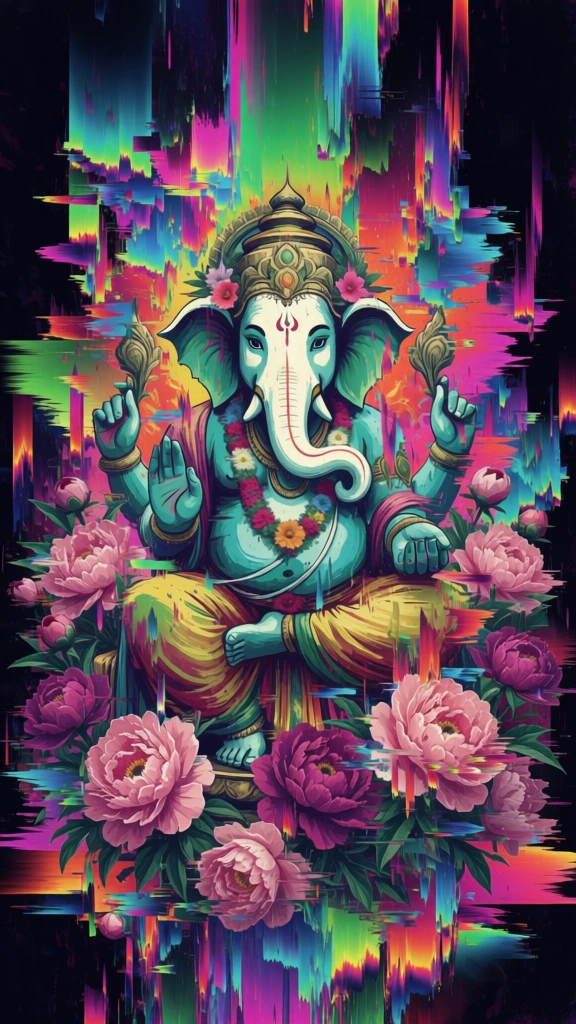 elephant-headed deity sitting cross-legged within a dense arrangement of peonies, extreme digital glitch art aesthetic, heavy pixel sorting with elongated vertical and horizontal streaks of vibrant neon magenta, lime green, cyan and yellow, deep black background, blocky low-res textures, visible digital artifacts and datamoshing, fragmented silhouettes, overlapping translucent layers of primary colors, sharp chromatic aberration, 8-bit computer error style, high-contrast lighting