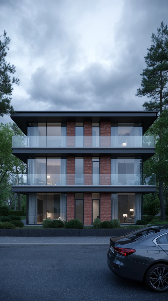 A three-story modern architectural building features dark gray horizontal overhangs, expansive floor-to-ceiling glass windows, and prominent vertical red brick panels. Clear glass balconies span the symmetrical facade, revealing illuminated minimalist interiors with curtains, lamps, and furniture. Framed by tall green pine and deciduous trees under a heavily cloudy overcast sky, the structure faces a paved asphalt street with low manicured bushes and a dark stone planter. The rear quarter of a sleek dark gray sedan occupies the lower right foreground. Photorealistic architectural photography with a straight-on perspective and cool, subdued lighting.