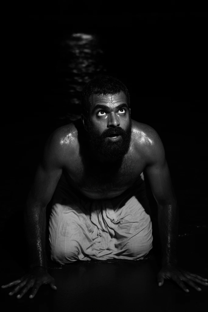 A cinematic black and white portrait captures a shirtless, sweating man with a thick beard and short hair crouching in profound darkness. He leans backward, supporting his weight on hands splayed across a smooth, dark surface. His moisture-slicked skin gleams under an intense, focused overhead light, creating stark, high-contrast chiaroscuro shadows across his chest and prominent facial features. Wearing a light-colored, heavily creased fabric wrapped around his waist, the man stares upward with wide, intense eyes and a parted mouth. A pitch-black void surrounds him, featuring a single faint, shimmering highlight of rippling liquid in the distant background.