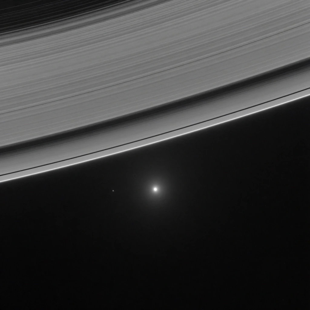 monochromatic astrophotography, massive diagonal expanse of planetary rings dominating the upper frame, distinct parallel striations in varying tones of gray, sharp luminous lower edge bordering a pitch-black cosmic void, brilliantly glowing point of light suspended in the dark center, microscopic faint dot immediately to its left, stark geometric contrast, raw scientific imaging, visible sensor grain, deep space perspective, minimalist composition