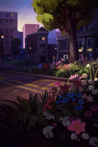 Vibrant Urban Painterly style reference image — sharp-edged geometric shadows