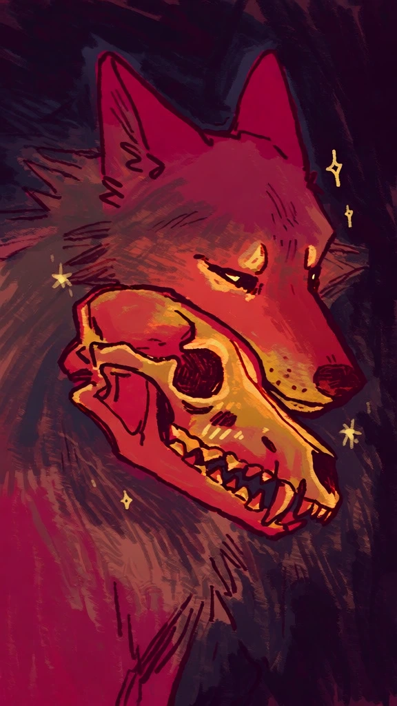 painterly digital illustration, expressive scratchy brushstrokes, deep magenta and vibrant orange color palette, high contrast dark indigo background, intimate close-up, a wolf intertwined with a canine skeleton, skull resting over its neck, glowing internal light, small yellow star sparkles, rough textured lines, ethereal atmosphere, mystical vibe, rich warm highlights, deep cool shadows, vibrant red and yellow hues, dramatic lighting, organic and gritty aesthetic.