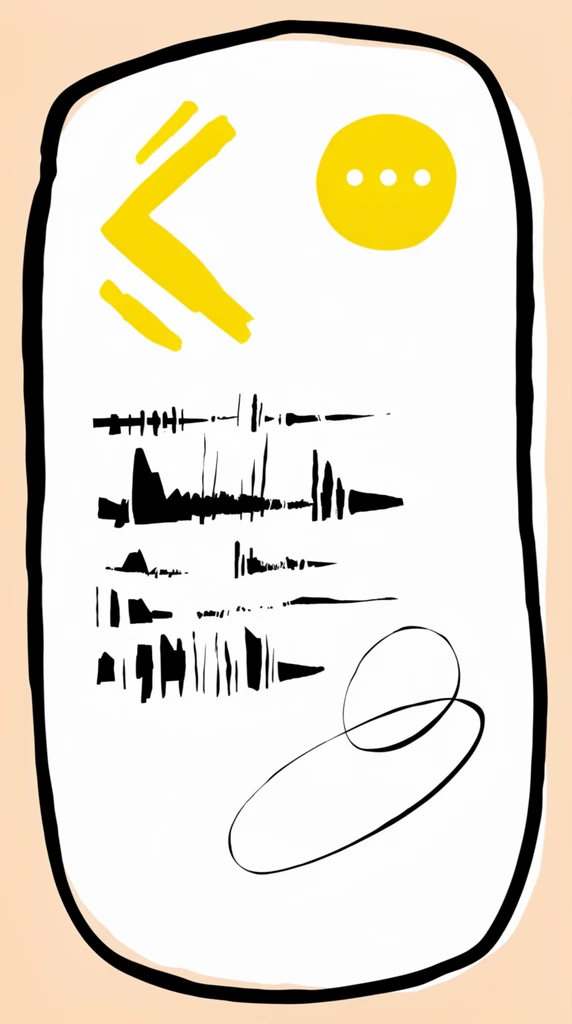 A minimalist, hand-drawn abstract graphic illustration featuring a large white central area surrounded by a solid pale peach outer margin. The white space is enclosed by a thick, wobbly, uneven black line with rounded edges, creating a loose, organic aesthetic. Inside the top left of the white space is a bright yellow angled chevron shape pointing left alongside a few short, thick yellow strokes. In the top right corner rests a solid yellow circle enclosing three small, horizontally aligned white dots. The middle section contains several stacked horizontal rows of disjointed, scratchy black marks, vertical strokes, and jagged geometric shapes of varying heights. A thin, fluid, swirling black line gracefully curves in the bottom right area. The composition uses completely flat colors with stark black-and-white contrast against the warm peach background, lacking any shading, shadows, or gradients.