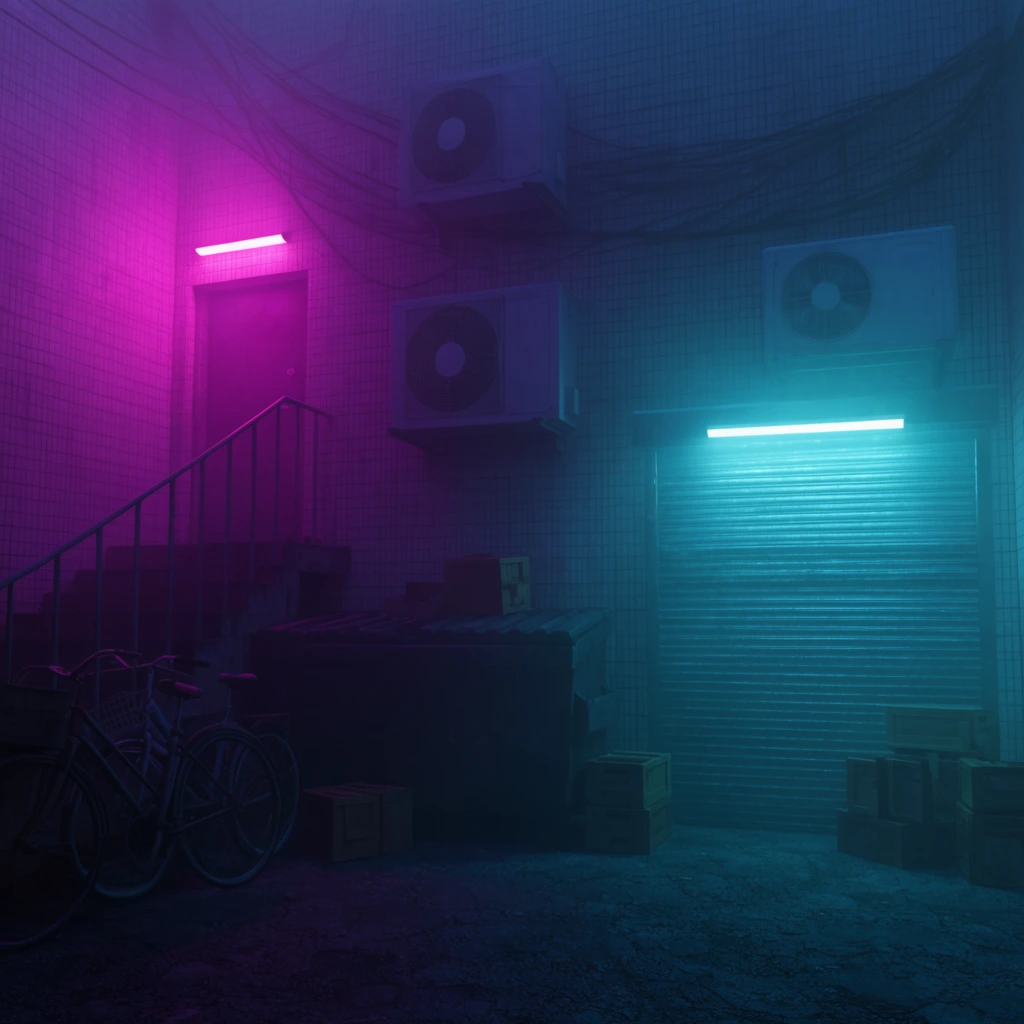 A foggy neo-noir alleyway illuminated by dual-tone neon lighting. Magenta light spills from an elevated left doorway, contrasting with cyan light washing over a right-side metal shutter. Air conditioning units dot the tiled walls above dark dumpsters, bicycles, and scattered crates.