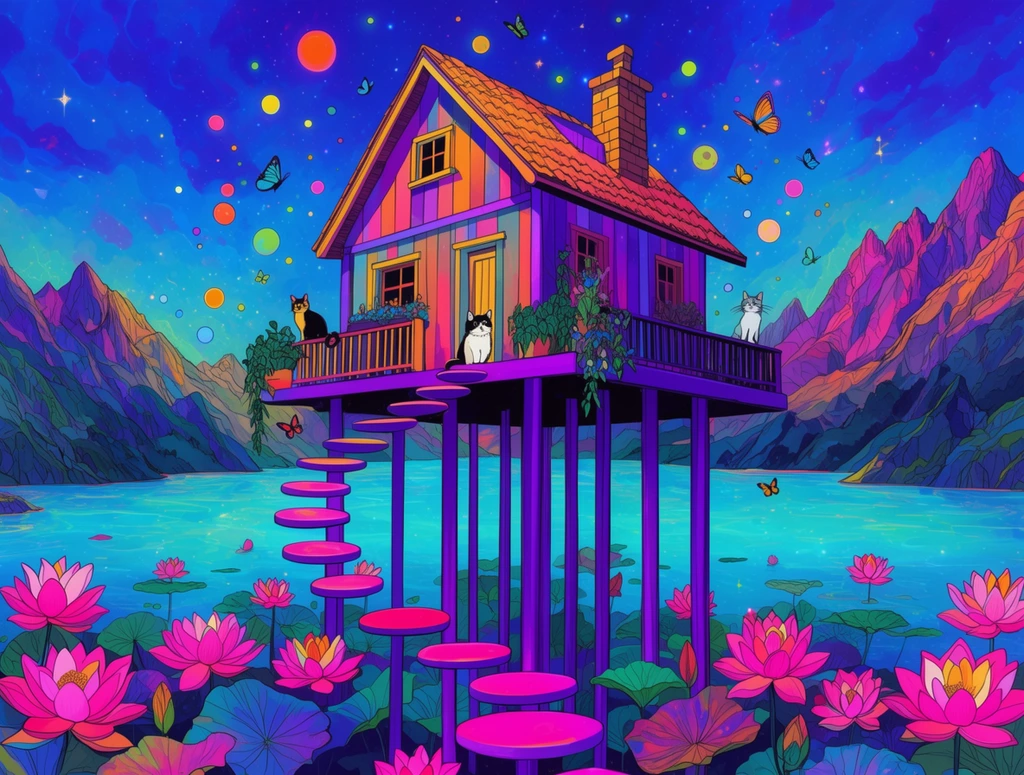 A vibrant psychedelic illustration of a house on towering purple stilts above a cyan lake. Floating neon pink stepping stones spiral up to a balcony where cats lounge. Radiant pink lotuses bloom below. Jagged mountains and a starry blue sky with floating orbs frame the background. Glowing butterflies flutter through this highly saturated neon fantasy scene rendered with crisp line art.