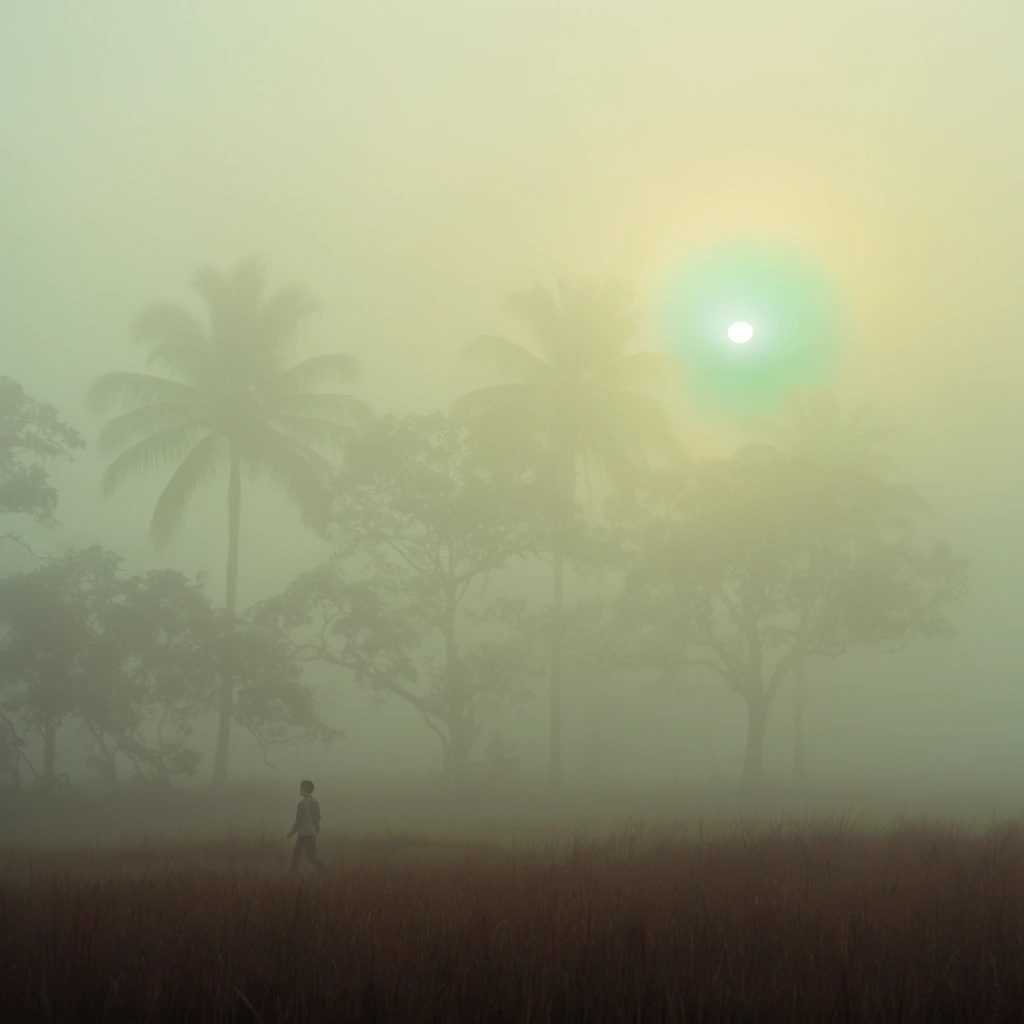 A dense morning mist blankets a landscape featuring tree silhouettes and a solitary figure. Tall palm trees and broadleaf trees emerge softly from the heavy pale yellow-green fog in the midground. In the lower left foreground, a small human figure walks through dark brown field grasses. A bright white sun glows through the mist in the upper right quadrant with a faint greenish halo. The atmospheric photograph features a muted palette of hazy sage greens and pale yellows, relying on extreme atmospheric perspective and soft focus.