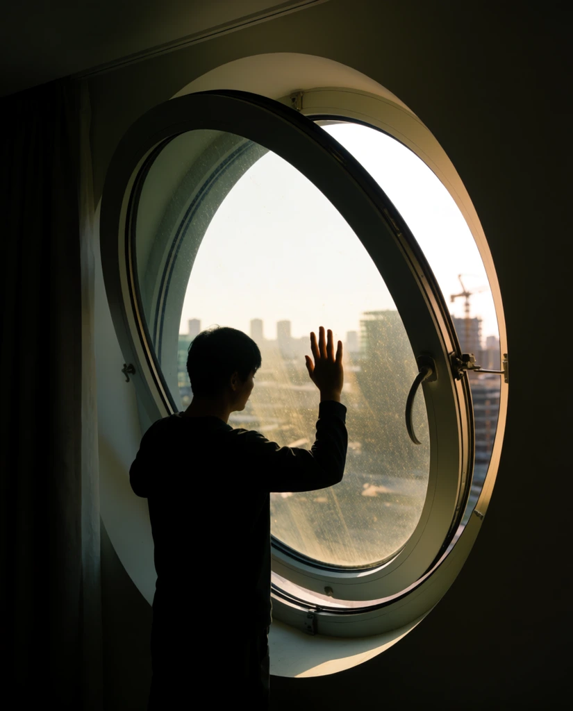 A silhouetted figure presses one hand against the dusty glass of a massive, pivoting oval window in a shadowed room. The thick white window frame tilts open horizontally on its central axis, framing a bright exterior cityscape with distant buildings and construction cranes. Warm daylight floods the moody interior, highlighting the stark geometric curves of the window and a dark curtain on the left in a high-contrast, cinematic composition.