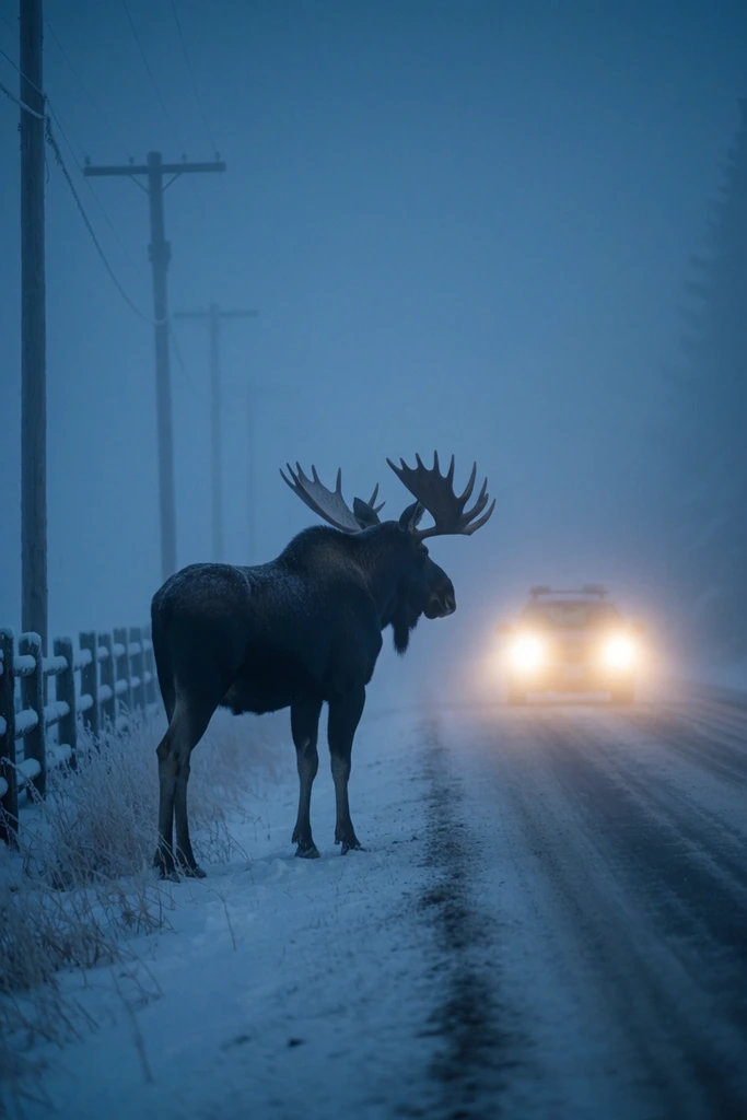 A massive bull moose stands on a snowy roadside edge in dense freezing fog, bathed in a moody monochromatic blue twilight. The dark, heavily antlered silhouette faces an approaching car with glowing warm headlights on an icy paved street. A snow-dusted wooden fence lines the left, while telephone poles fade into the heavy atmospheric mist, creating a cinematic telephoto composition contrasting stark wildlife against the glowing vehicle in a hazy winter landscape.