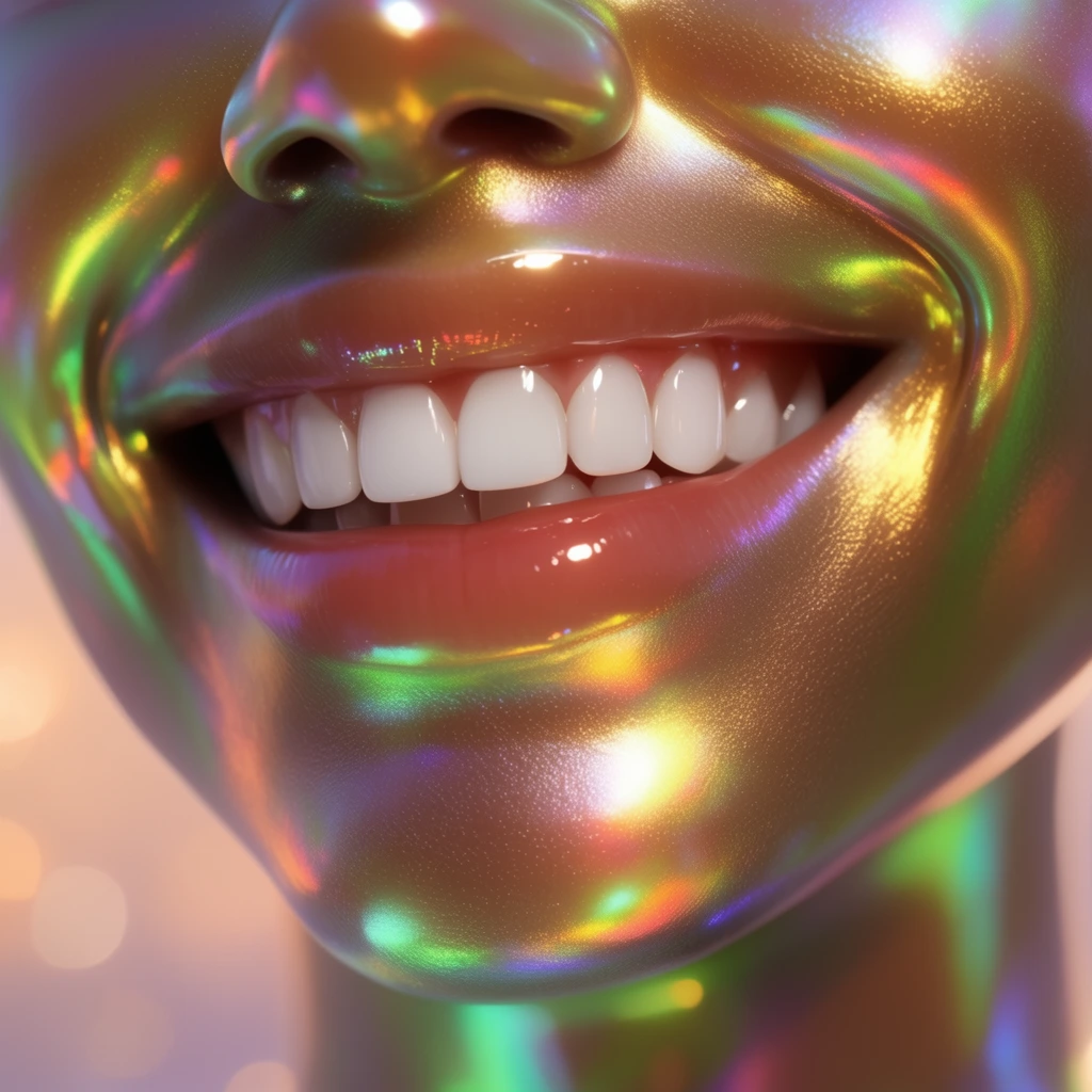Extreme close-up of a wide vibrant smile, bright white teeth, glossy lips, iridescent holographic skin, metallic golden sheen with neon green and purple refractions, 3D digital art style, smooth surface with subtle skin pores, glowing volumetric lighting, colorful specular highlights on the chin and lower lip, soft out-of-focus background with warm peach and lavender bokeh