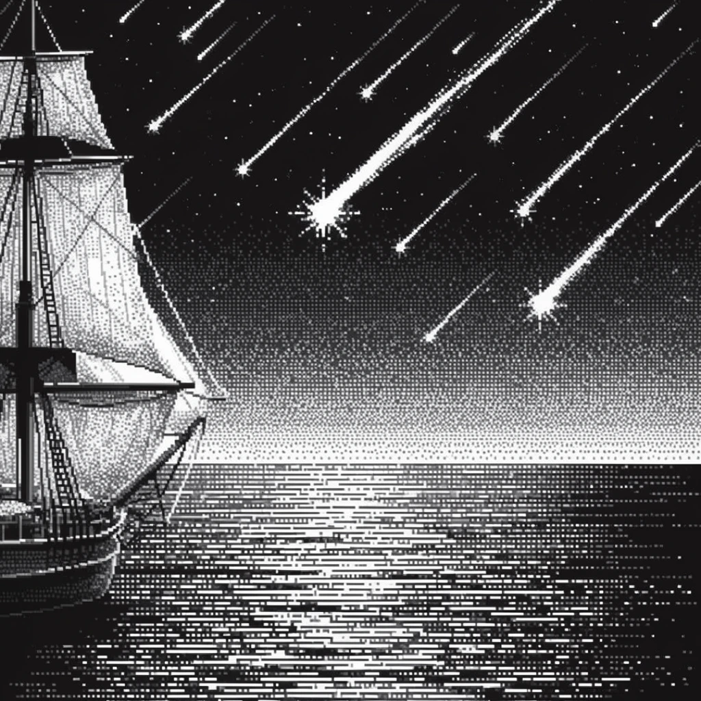 A classic sailing ship navigates a calm sea under a heavy meteor shower in a monochromatic, dithered pixel art style. Positioned on the left and partially cropped, the ship features tall masts, complex rigging, and billowing sails shaded with intricate stippled dot patterns. The ocean stretches across the lower half, rendered with horizontal alternating black and white lines that create a shimmering reflection. Above the sharp horizon, the dark night sky transitions into a lighter gradient near the water through dense pixel dithering. Bright meteors streak diagonally downwards, leaving long solid white trails ending in star-like bursts. The composition uses a strict black-and-white 1-bit color palette characterized by high-contrast pixel rendering.