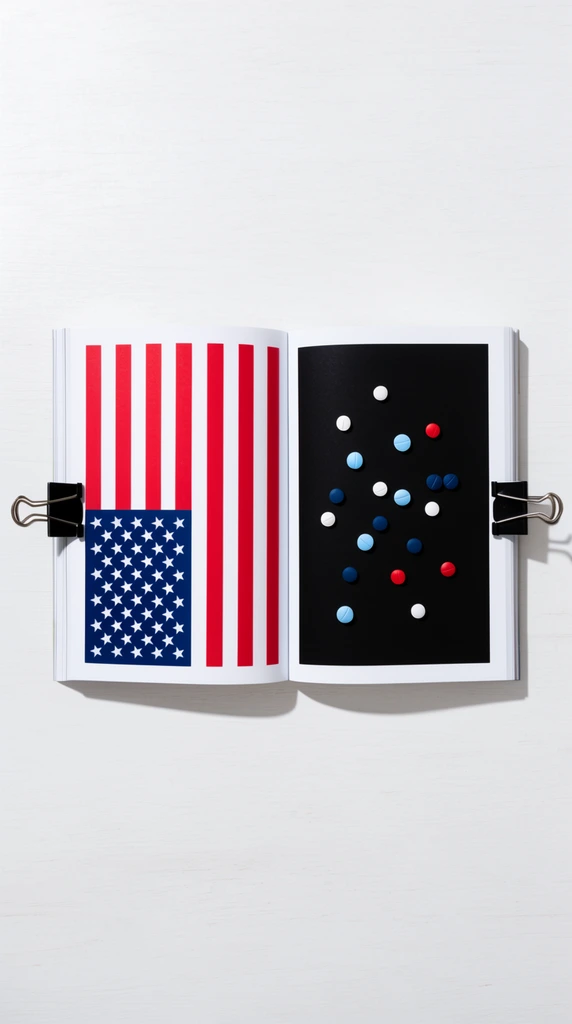 open book lying flat on a white wooden surface, clamped by two black metal binder clips on the outer edges, top-down flat lay photography, left page displaying a graphic of a rearranged American flag with a starry blue canton in the bottom left and vertical red and white stripes, right page featuring a black rectangle with scattered circular pills in white, dark blue, light blue, and red, bright even studio lighting, minimalist composition, hard shadows cast by the clips and pages, sharp focus, crisp edges