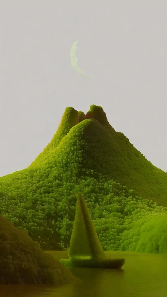 minimalist composition of a jagged volcano across a bay with a small sailboat and a crescent moon, all elements rendered entirely in a dense tactile clumpy chartreuse green fibrous moss texture, hyper-detailed organic fuzz, soft diffused rim lighting creating a luminous silhouette, vibrant lime green monochrome palette, flat neutral grey background, high-end cgi, macro-scale organic material, ethereal synthetic-natural hybrid, soft focus, precise high-signal rendering.