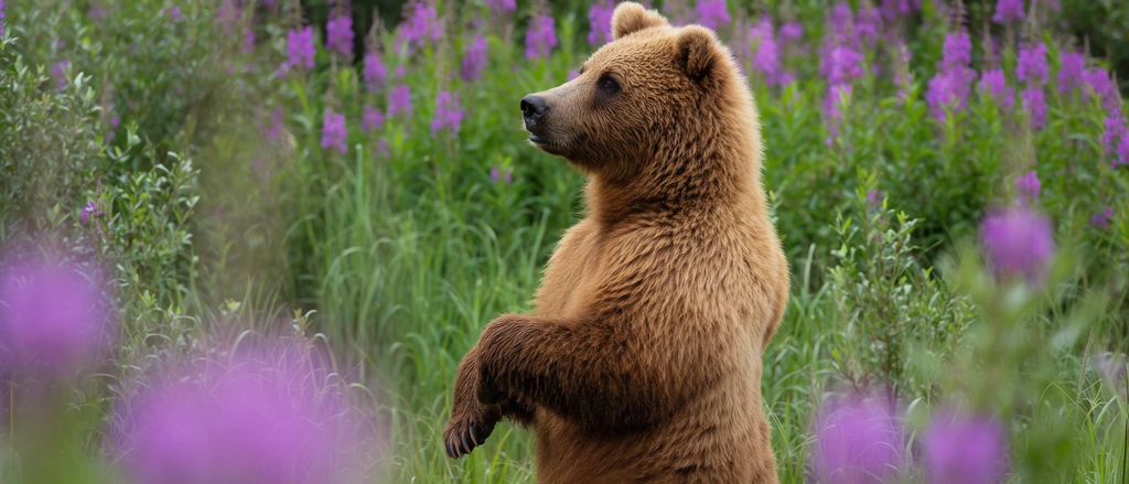 A brown bear stands upright on its hind legs in a dense field of tall green grass and vibrant purple wildflowers. Shown in profile facing left, the bear holds its front paws close to its chest. Its textured golden-brown fur is sharply focused against a softly blurred background of lush vegetation. Large, out-of-focus purple blooms in the immediate foreground frame the animal, captured with a shallow depth of field and soft natural daylight.