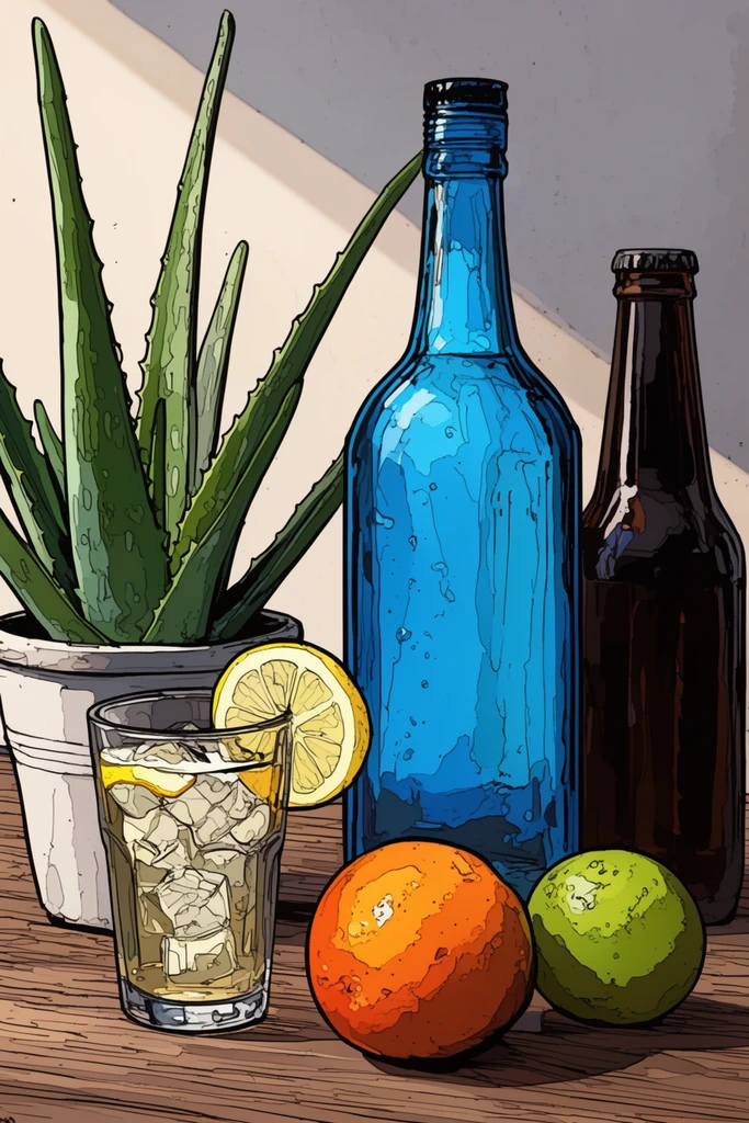 Comic book style still life illustration, tall bright blue glass bottle, dark brown bottle, glass with iced drink and lemon, two citrus fruits, aloe vera in white pot, wooden surface, diagonal sunlight beam on light wall, heavy black outlines, cel-shaded shadows