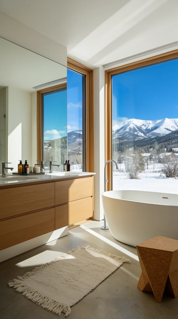 A modern, sunlit bathroom features expansive wood-framed windows overlooking a snowy mountain landscape under a brilliant blue sky. A floating light oak double vanity with a seamless mirror anchors the left wall. To the right, a smooth white freestanding oval bathtub sits beside a tall curved chrome floor faucet. A fringed cream bath mat and a geometric cork stool rest on the light grey concrete floor. Crisp architectural photography captures the space with a wide-angle perspective, emphasizing clean minimalist lines. Intense, angular shafts of natural sunlight stream through the glass, casting sharp geometric shadows across the interior and highlighting the warm wood textures against the pristine winter exterior.