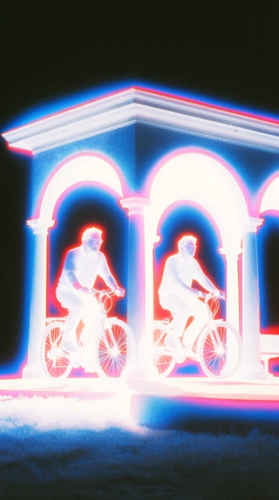 A pavilion structure with a flat roof and a series of arches serves as a platform where two men ride bicycles, with the entire scene rendered in an extreme high-contrast, glowing infrared aesthetic. The architectural elements and the cyclists are fiercely luminescent against a pitch-black background. The core of the pavilion, the arches, the men, and the bicycles are blown out in blinding, pure white light. Vibrant electric blue halos and neon fringes radiate sharply outward from these white cores, transitioning abruptly into the dark surroundings. Vivid pink and bright red chromatic aberrations outline the structural contours and the silhouettes of the figures. The image features heavy film grain and a soft, intense glowing aura that bleeds across the boundaries, creating a harsh, solarized, lo-fi visual effect.