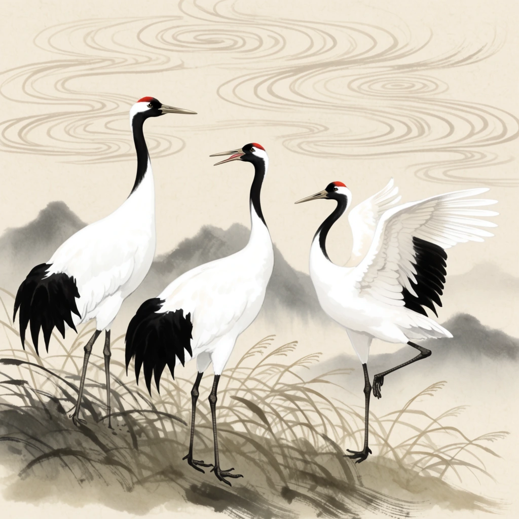 Three elegant red-crowned cranes stand amidst tall reeds in a traditional ink wash style painting. The left crane gazes rightward, the center bird turns its head with a parted beak, and the right crane balances gracefully on one leg with its wings half-spread. Each bird features striking black neck and tail plumage, pristine white bodies, and vivid crimson crests. Earthy, sweeping brushstrokes form the grassy knoll below. Soft, misty grey mountain silhouettes anchor the midground. The pale beige textured sky above is detailed with flowing, concentric linework depicting stylized, swirling clouds.