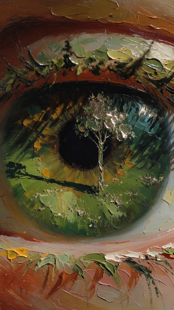 surreal impressionistic oil painting, thick impasto brushstrokes, heavy canvas texture, extreme close-up of an eye, iris transformed into a lush green meadow, a solitary slender tree with shimmering flakes of metallic material in its foliage standing on the iris edge, deep black central void, organic fibrous textures, long dramatic shadows, golden ochre highlights, earthy greens, high contrast, warm flesh tones, moody and ethereal atmosphere