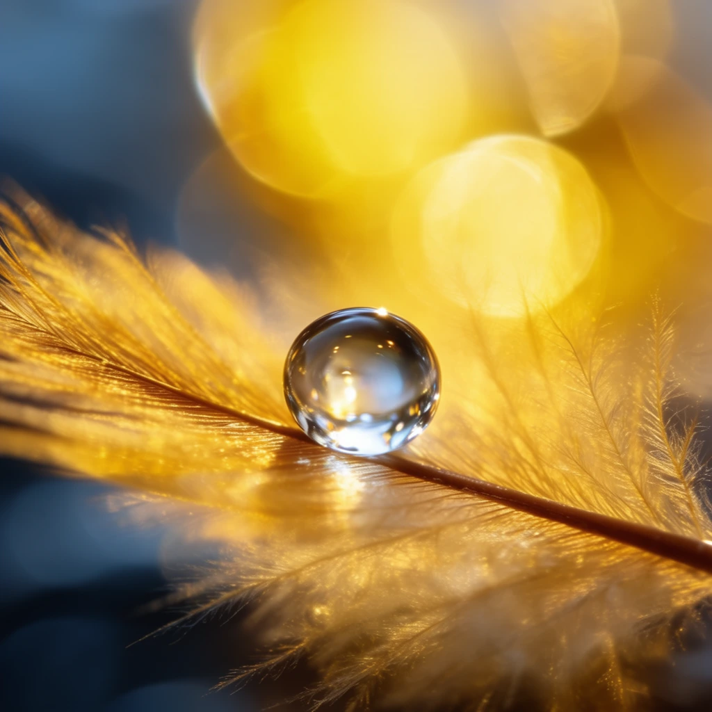 extreme macro photography of a perfectly spherical translucent water droplet resting on the slender brown central shaft of a feather, delicate wispy golden-yellow barbs glowing with warm light, droplet refracting sharp specular highlights, extreme shallow depth of field, deeply blurred background featuring large overlapping circular bokeh flares in luminous gold, vibrant yellow, and deep cool blue-grey tones, crisp foreground texture against a dreamy abstract backdrop, ethereal serene atmosphere, radiant backlighting