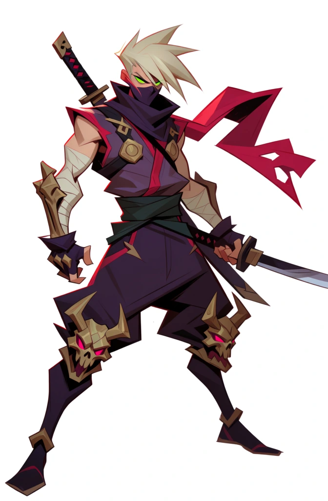 A male ninja with spiky, light-blonde hair and glowing green eyes stands in a dynamic, forward-leaning pose against a plain white background. His face is partially obscured by a dark purple mask, and a small green leaf accessory is tucked into his hair on the right side. He wears a dark purple sleeveless vest with red trim, featuring a gold ring harness centered on his chest. A long, tattered red scarf is wrapped around his neck, billowing out in large, sweeping loops that frame his silhouette. His forearms and hands are wrapped in white bandages over dark purple sleeves, ending in fingerless gloves, with golden skeletal guards adorned with small spikes attached to his outer forearms. He wears baggy dark purple trousers cinched at the waist by a wide dark green sash, from which several red leather straps with gold studs hang. His knees are protected by ornate, golden skull-shaped guards with sharp horns and glowing pink eye sockets. He is equipped with two katanas; one is held in his right hand, pointed downwards and away from his body, while the other is sheathed diagonally across his back. His feet are clad in dark purple tabi-style socks and black sandals. The digital illustration features sharp line work and detailed cel-shading, using a high-contrast color palette of deep purple, vibrant red, and metallic gold. The perspective is front-facing and slightly low-angle, emphasizing the character's powerful and ready-for-action stance.