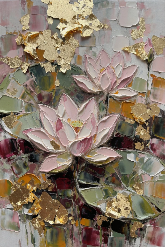 A heavily textured mixed-media painting features two pale pink lotus flowers blooming amidst abstract lily pads, heavily embellished with scattered gold leaf. The primary lower lotus displays thick, layered petals in soft whites and dusty rose, with a smaller twin resting diagonally above it. Their environment is a fragmented mosaic of impasto brushstrokes forming loose leaves in muted sage green, deep burgundy, and ochre. Rendered with aggressive palette knife techniques, the highly tactile, three-dimensional surface is broken up by brilliant patches and flecks of gold leaf. This metallic application is concentrated near the upper edge and scattered across the dark foliage, creating a striking contrast against the matte pastel and earthy paint.