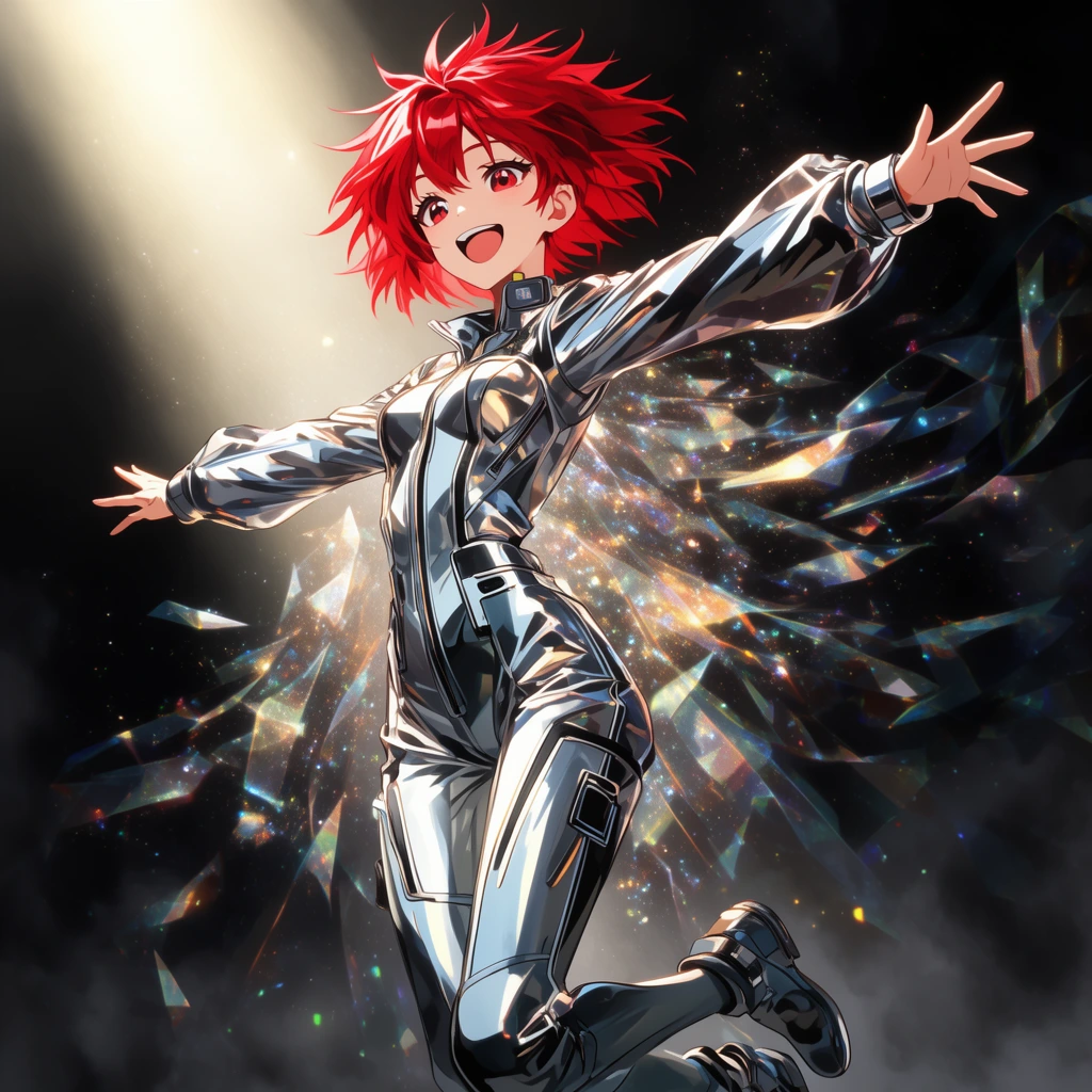 Joyful anime girl, short spiky crimson hair, metallic futuristic jumpsuit, floating mid-air, arms outstretched, smiling expression, dramatic top-left spotlight, dark smoky background, swirling glowing geometric shards, falling glitter, high contrast digital illustration, dynamic low angle