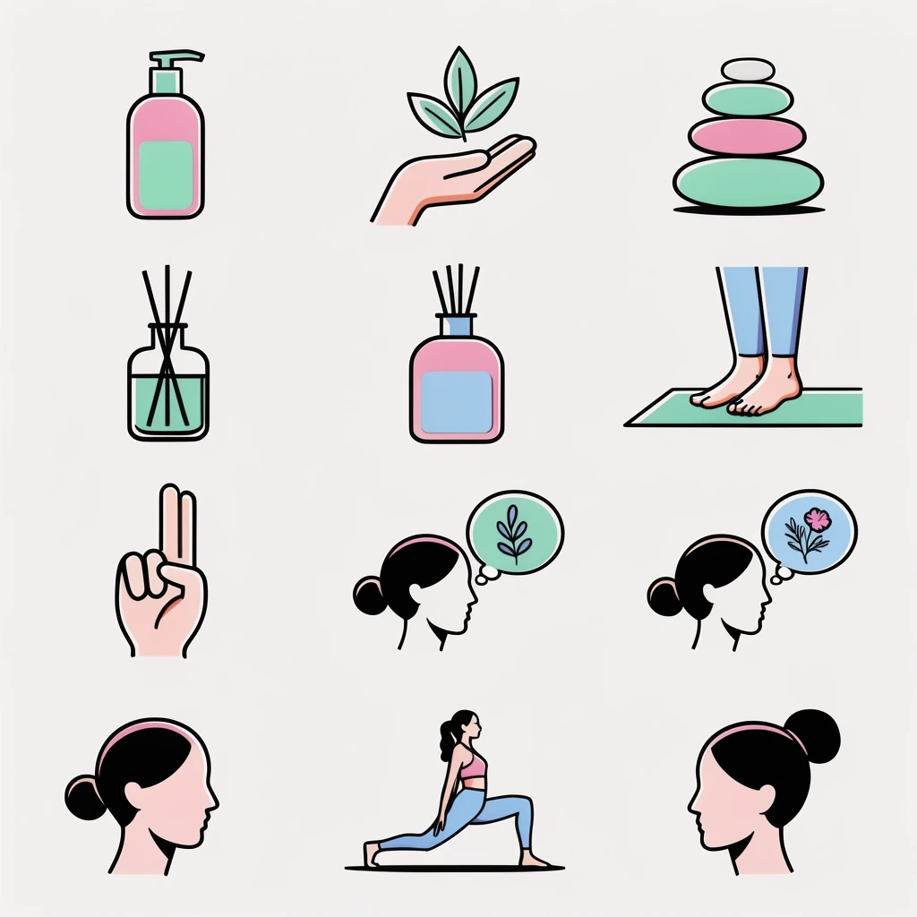 grid of twelve wellness vector icons, flat illustration style, thick black outlines with offset pastel color fills in pink, mint green, and light blue, off-white background, featuring lotion bottles, hands holding leaves, stacked spa stones, reed diffuser, bare feet on a yoga mat, two-finger hand gesture, head profiles with botanical thought bubbles, woman in a yoga lunge pose, modern minimalist graphic design