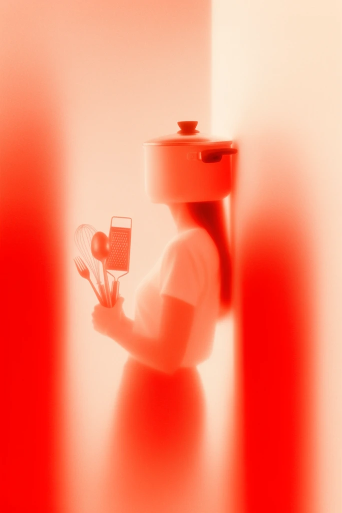 A woman stands facing a corner formed by two plain walls, her head completely enclosed within a cooking pot that is pressed directly against the vertex. In one hand, she grasps a bundled collection of kitchen tools consisting of a whisk, a spoon, a fork, and a box grater. The entire composition is enveloped in an intensely abstract, heavily diffused aesthetic dominated by a luminous duotone palette of saturated vermilion red and glowing cream. Massive, heavily blurred, vertically oriented red color blocks frame the extreme foreground, creating a profound, hazy depth of field. The woman, the pot, the utensils, and the architectural corner are rendered with extremely soft, airbrushed edges and velvety color gradients, dissolving sharp lines into glowing geometric silhouettes. A fine, textural grain permeates the radiant, fog-like atmosphere, washing the minimalist scene in a continuous, ethereal red and off-white luminescence.