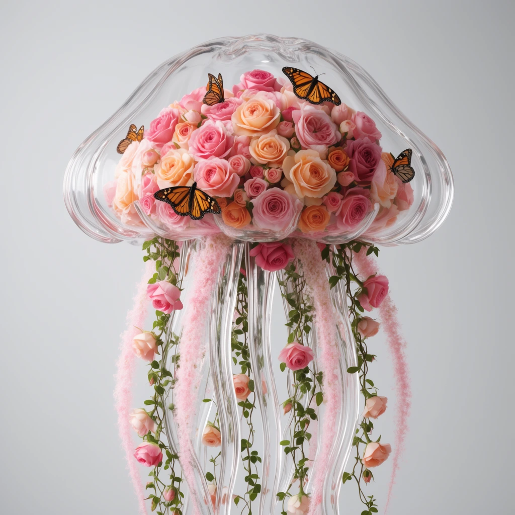 transparent glass jellyfish sculpture, bell filled with pink and peach roses, monarch butterflies resting on blooms, thick clear glass tentacles, intertwined with trailing green vines and hanging roses, fluffy pink floral tendrils, soft diffused studio lighting, seamless light grey background, highly detailed surrealist floral art