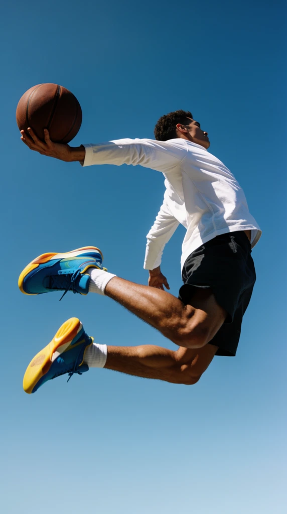 A low-angle shot of an athlete suspended mid-air against a clear blue sky. Captured mid-jump, his right arm extends back grasping a brown basketball. He wears a white long-sleeve shirt, dark shorts, and vibrant blue and yellow sneakers. Bright sunlight casts sharp shadows across the fabric, highlighting the explosive energy of the pose.