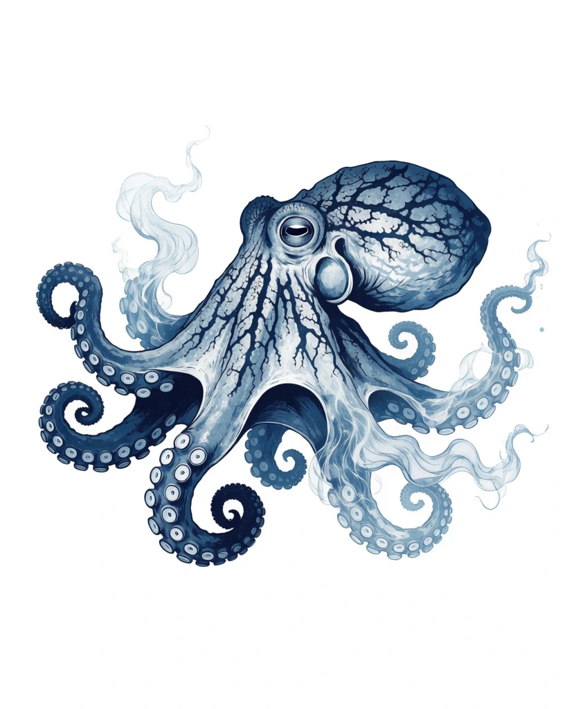 A monochromatic blue octopus is depicted in a centered composition against a stark, plain white background. The octopus's large, bulbous mantle is covered in an intricate, dark blue branching pattern resembling a network of veins or cracked glaze. Its eye is prominent, featuring a dark, horizontal pupil set within a textured, fleshy socket. Eight long tentacles radiate outwards in various directions; several are solid and well-defined, showing rows of small, circular suckers along their undersides, while others transition into ethereal, translucent wisps that resemble smoke or ink diffusing in water. The color palette is strictly limited to shades of indigo, navy, and pale blue, creating a high-contrast effect against the white field. The rendering technique combines fine, detailed linework in the head and suckers with soft, stippled gradients and fluid, painterly strokes in the more abstract sections of the limbs. The lighting is even and diffuse, emphasizing the transparency of the thinner parts of the octopus's body and the complex textures of its skin.
