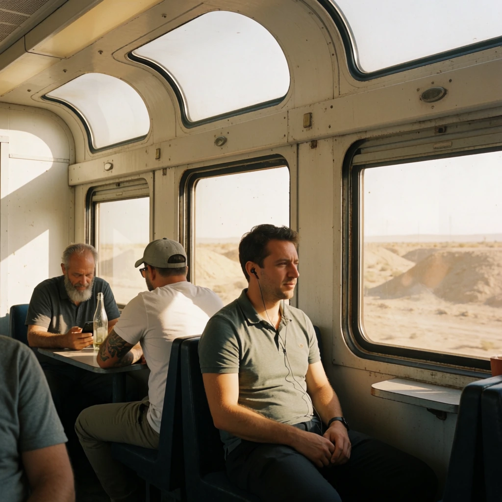 A man in a grey-green polo shirt and wired earphones sits in a dark blue seat inside a bright train observation car. Behind him, a man in a white t-shirt and cap rests a tattooed arm on a table near a glass bottle, while an older bearded man views a smartphone. The train's white-paneled walls and large curved overhead windows flood the cabin with warm, natural sunlight. Outside, an arid desert landscape with dry dirt mounds fills the view under a pale sky, captured in a candid photographic style with soft contrast and vintage warmth.