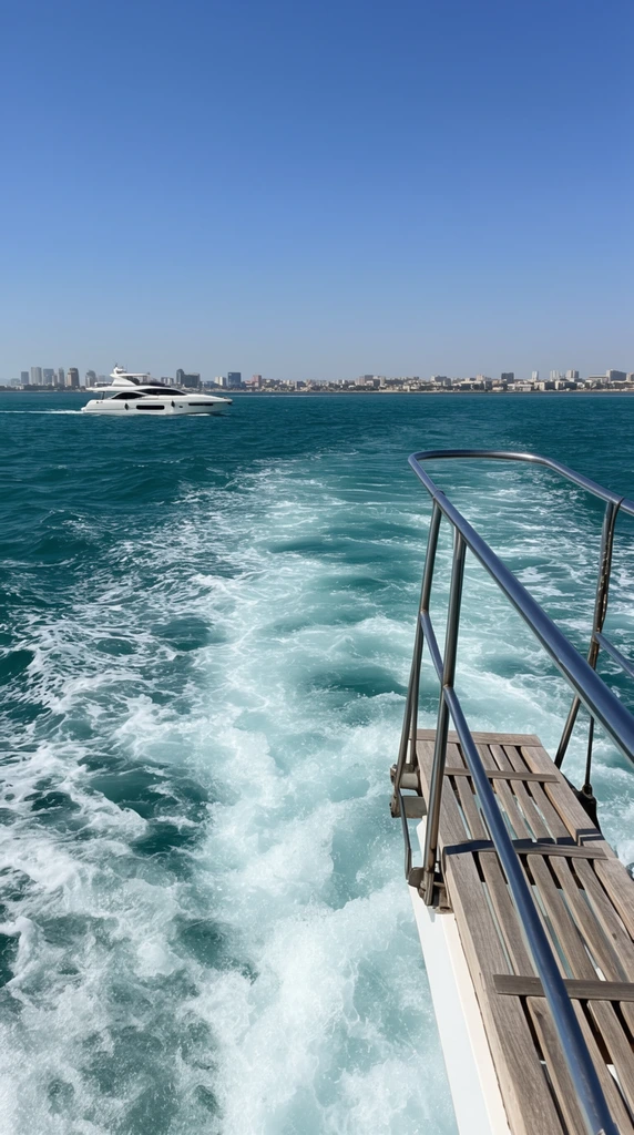 churning white water wake cutting through deep turquoise sea, view from stern of a moving boat, silver metal railing and wooden gangway in right foreground, distant white yacht cruising, coastal city skyline on horizon, cloudless blue sky, bright daylight, sharp travel photography