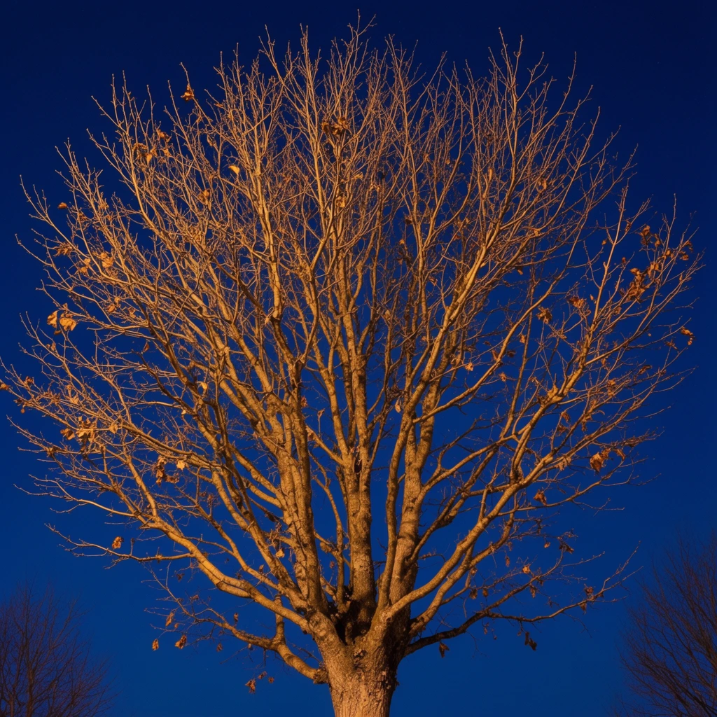 large bare deciduous tree, intricate network of leafless branches spreading upward, thick textured trunk, scattered dry brown leaves, strong warm artificial uplighting, solid deep blue night sky background, high color contrast, low angle perspective, faint bare bushes in bottom corners, crisp night photography