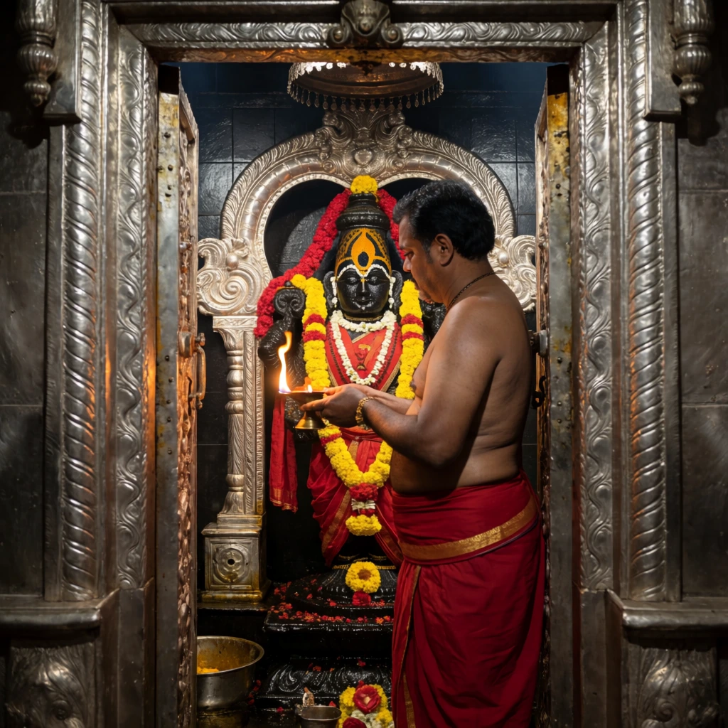 bare-chested man in red dhoti holding lit oil lamp, dark stone deity adorned with flowers inside ornate silver-carved temple shrine, symmetrical metallic doorway framing, dim atmospheric lighting, warm flame reflections
