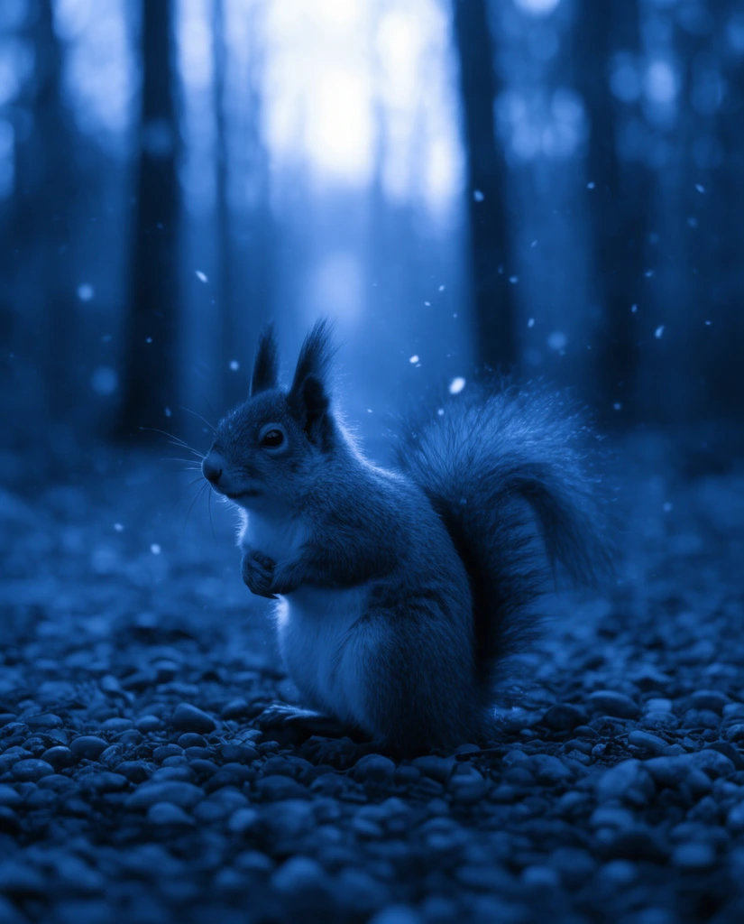 A small squirrel sits upright on a textured forest floor covered in rounded pebbles. The entire scene is washed in a monochromatic deep blue tint. Soft white particles drift through the air around the rim-lit animal. Behind it, blurred silhouettes of tall tree trunks stand against a luminous background glow, establishing a moody, ethereal woodland atmosphere.