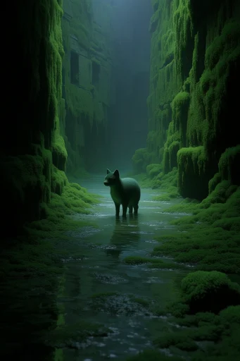 Velvet Moss Surrealism style reference image — liminal subterranean landscape