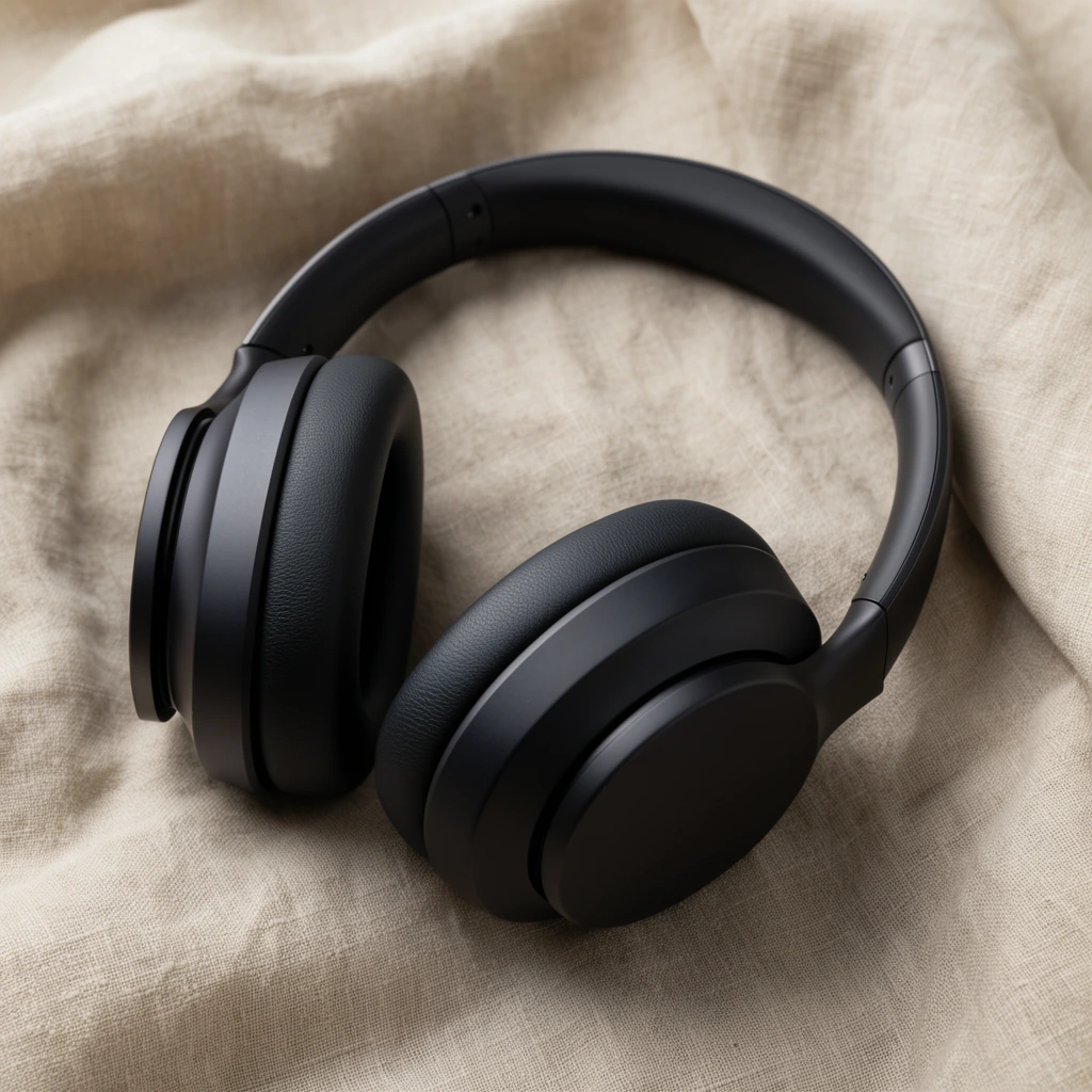 Minimalist matte black over-ear headphones rest diagonally on draped beige linen fabric. The sleek audio device features smooth circular exterior cups and heavily padded, textured faux-leather ear cushions. Soft, diffused natural lighting casts gentle shadows across the organic folds of the coarse textile, creating high visual contrast between the dark electronics and the light, earthy background. Captured from an elevated perspective with sharp focus to emphasize the tactile juxtaposition of smooth materials against the woven cloth.