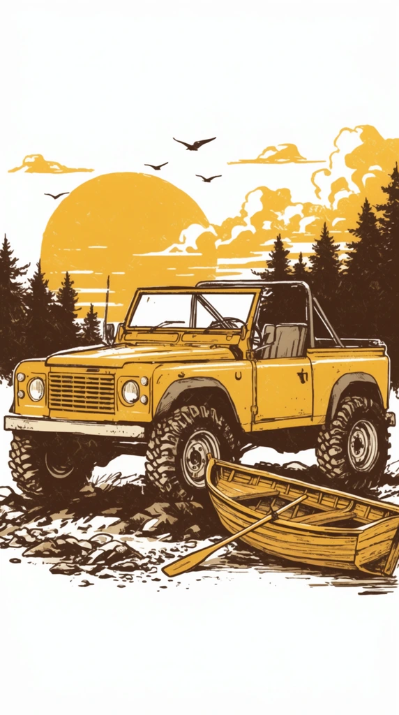 vintage mustard yellow open-top 4x4 vehicle parked on a rugged shore, large knobby tires, exposed roll cage, small wooden rowboat with a single oar resting near the front wheel, background silhouette of pine trees, large setting sun, stylized clouds, flying birds, retro hand-drawn illustration style, limited palette of yellow and dark brown ink on white background, distressed rough linework, classic outdoor adventure graphic