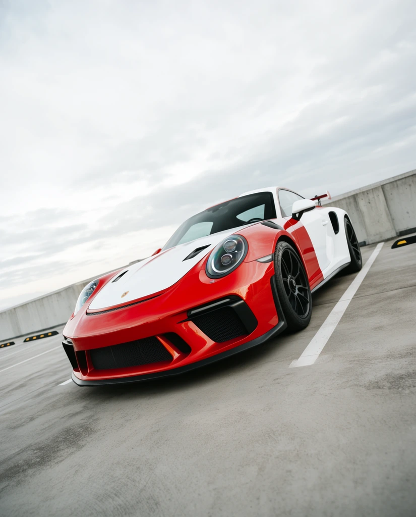 high-performance sports car, glossy red and white split two-tone livery, aggressive front fascia with large black air intakes, dual hood vents, round headlights, wide fenders, rear wing spoiler, black alloy wheels, parked on a smooth concrete rooftop, white parking lines, black and yellow wheel stops, low concrete wall, overcast sky, soft diffused daylight, bright reflections on polished bodywork, dynamic low-angle perspective, wide-angle lens distortion, tilted horizon, automotive photography
