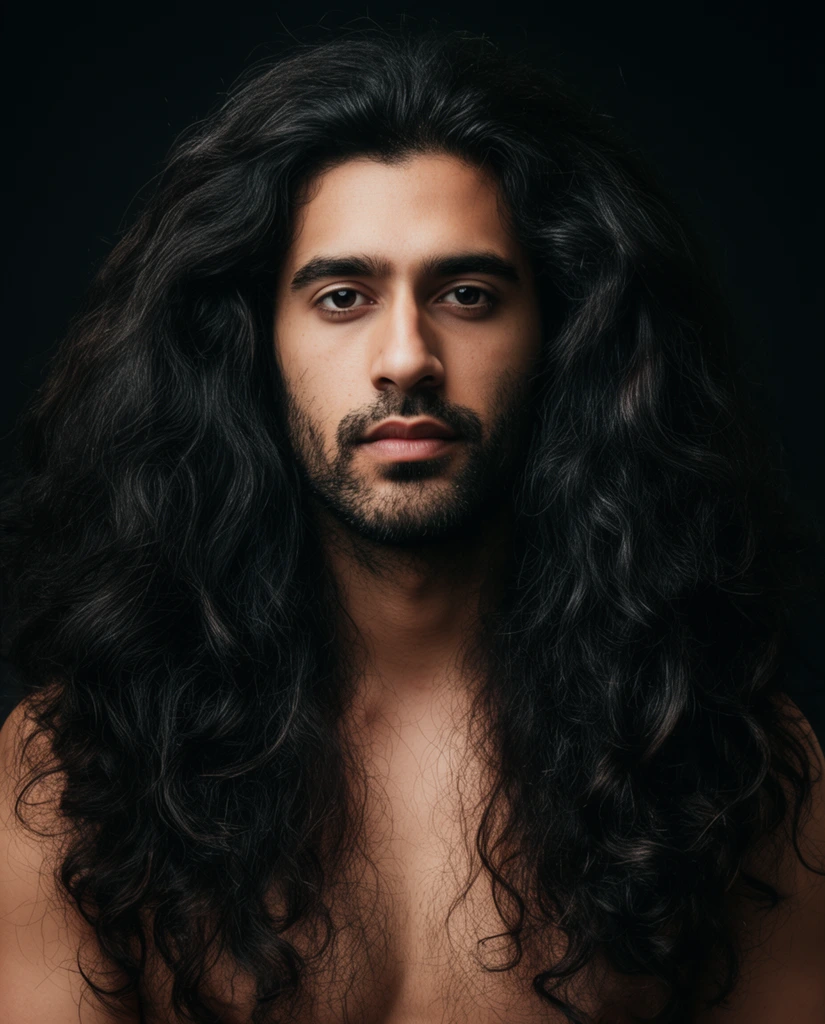 close-up studio portrait of a shirtless man with exceptionally voluminous thick dark wavy hair, hair framing his face and cascading over his bare chest, serious direct gaze, dark eyes, light olive complexion, dark scruffy beard and mustache, soft dramatic directional lighting, deep shadows blending into a solid black background, rich textural hair details, chiaroscuro effect, high resolution portrait photography