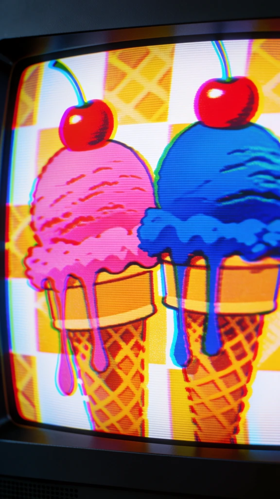 two ice cream cones with single scoops and cherry toppings dripping onto checkered square coasters, rendered as a broadcast signal on a vintage curved crt monitor, prominent horizontal scanlines, visible rgb phosphor shadow mask texture, saturated primary color palette, chromatic aberration and color bleeding at high-contrast edges, soft luminous glow, slight fisheye distortion of the convex glass screen, analog signal noise, deep vignetting, lo-fi aesthetic, muted black levels